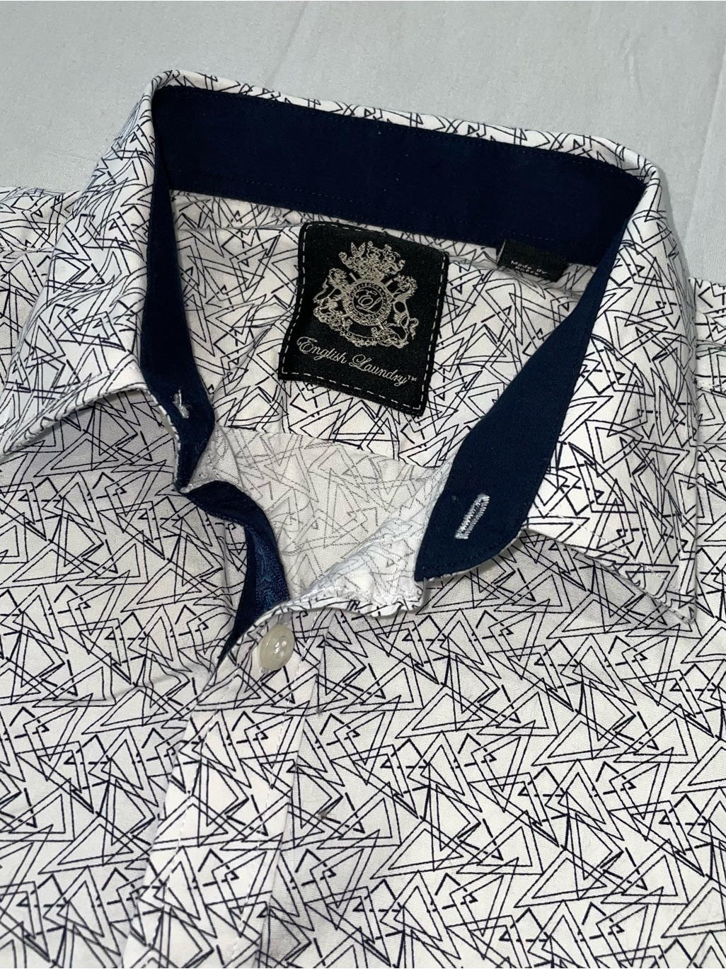 English Laundry Mens Geometric Triangle Print Button Down Shirt White Black M